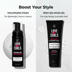 Two hair care products from Love UR Curls on a white background with text describing their uses.