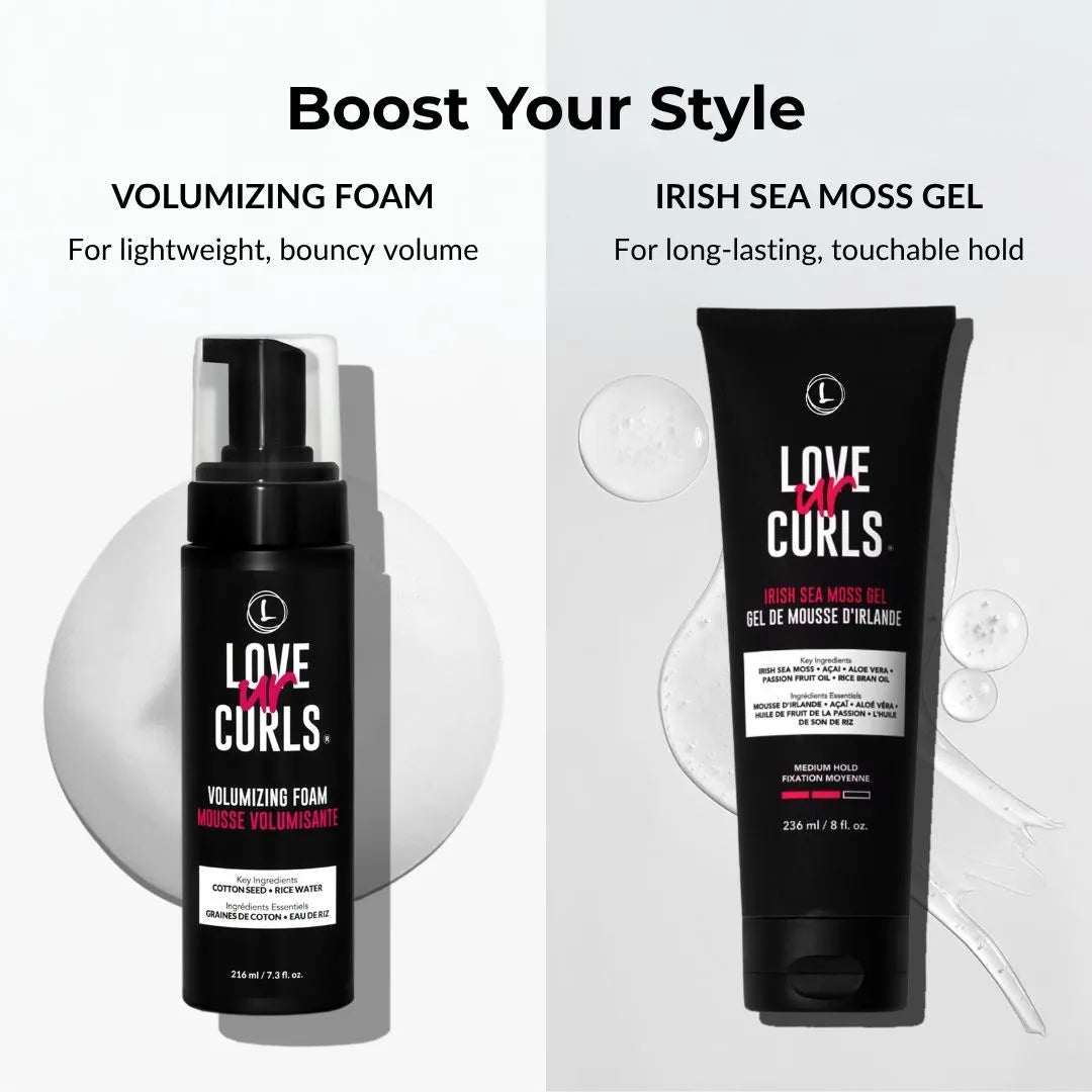 Two hair care products from Love UR Curls on a white background with text describing their uses.