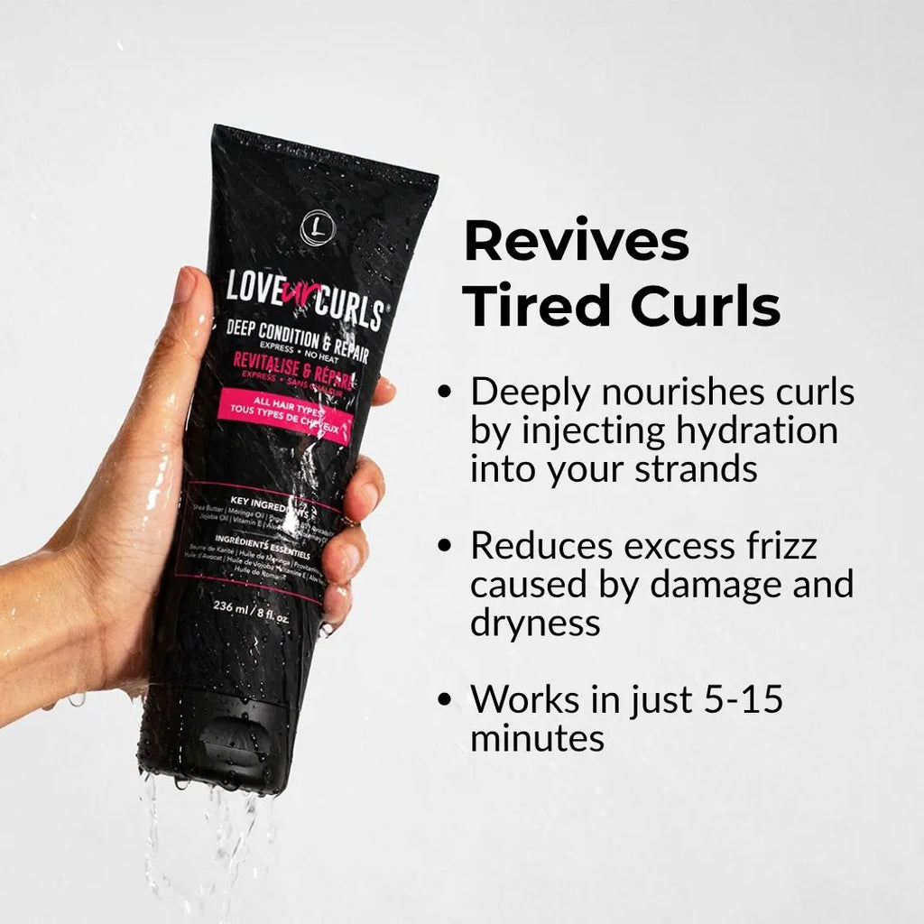 Hand holding a black hair care product with text about reviving tired curls on a white background