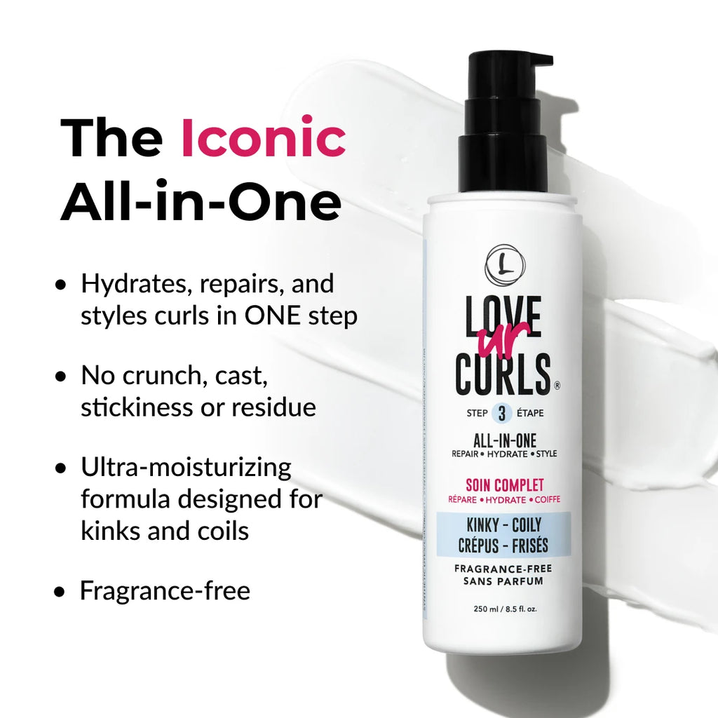 Love Ur Curls hair care product with features listed on a white background
