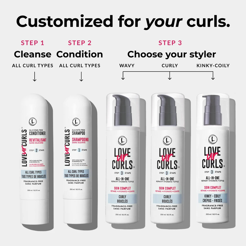 fragrance free 3 step system with the conditioner shampoo and the styler steps with selection for wavy curly and kinky coily