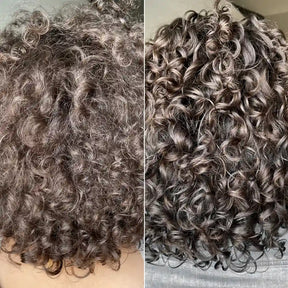 Side-by-side comparison of curly hair before and after styling.