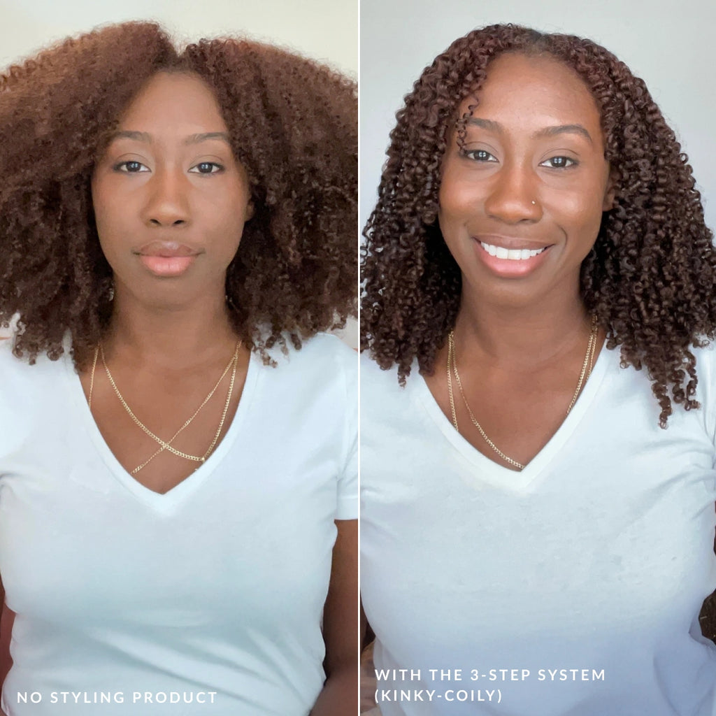 curly 3 step fragrance free love ur curls conditioner shampoo and styler with and without the kinky coily styler model application love ur curls