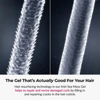 Close-up of hair shafts with text about Irish Sea Moss Gel for hair care.