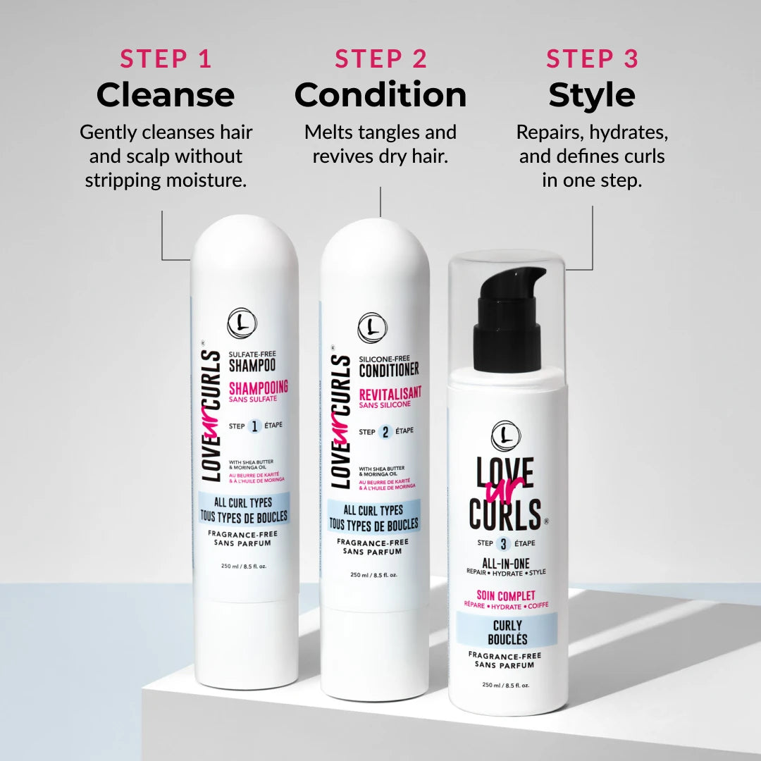 curly 3 step fragrance free love ur curls conditioner shampoo and styler 3 step cleanse condition and style curly fragrance free love ur curls