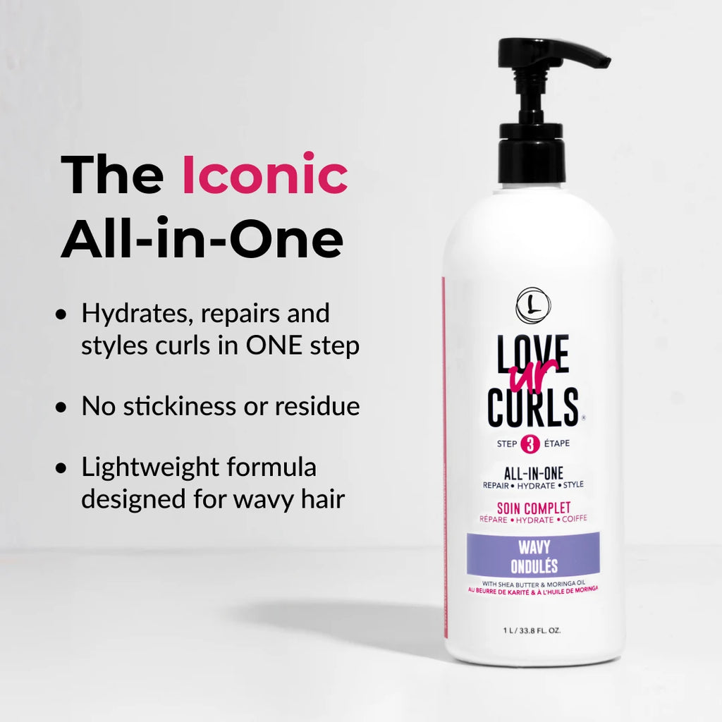 Bottle of 'Love ur Curls' hair care product with text highlighting features on a white background