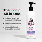 Bottle of 'Love ur Curls' hair care product with text highlighting features on a white background