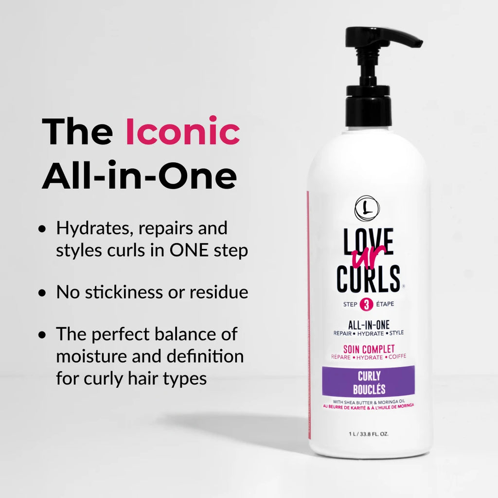 Bottle of 'Love ur Curls' hair product with text highlighting its features on a white background