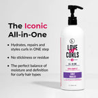 Bottle of 'Love ur Curls' hair product with text highlighting its features on a white background