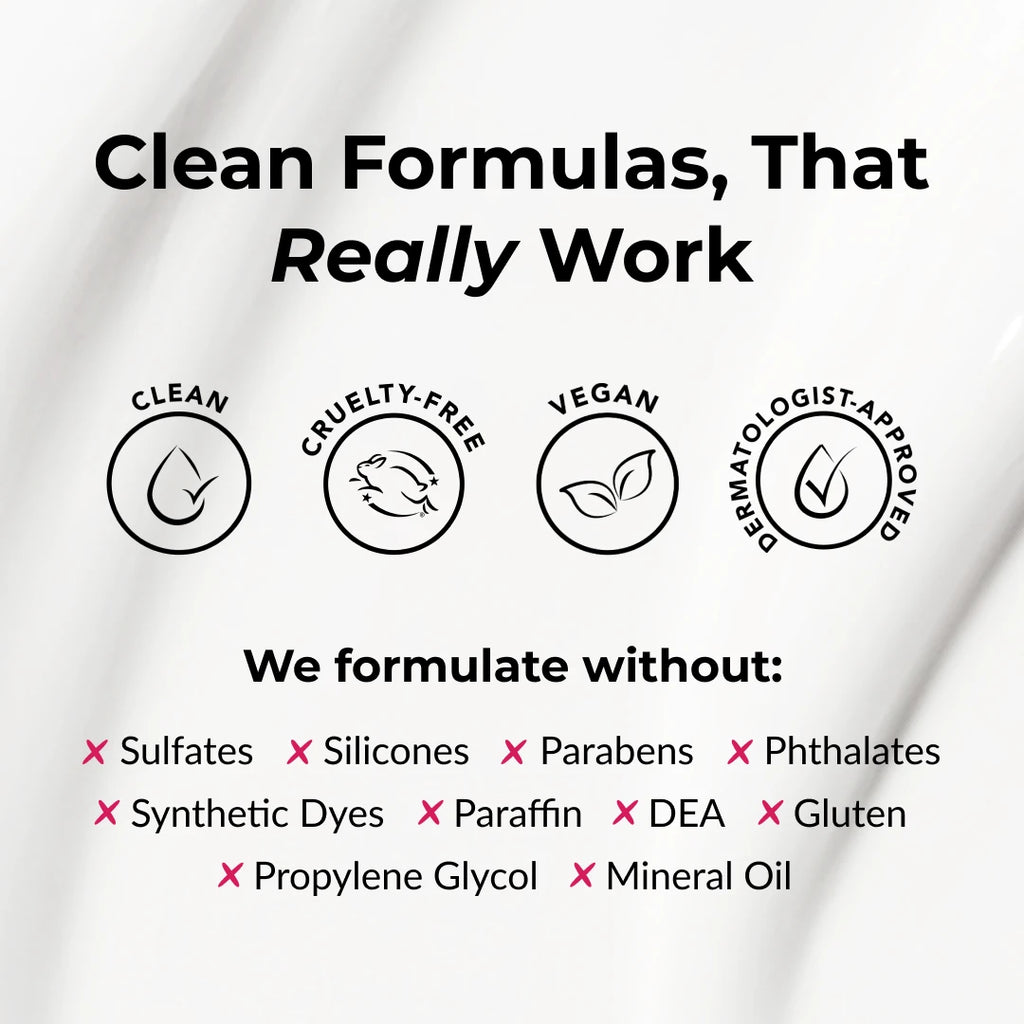 Product packaging with certification icons and a list of ingredients to avoid on a white background.