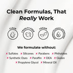 Product packaging with certification icons and a list of ingredients to avoid on a white background.