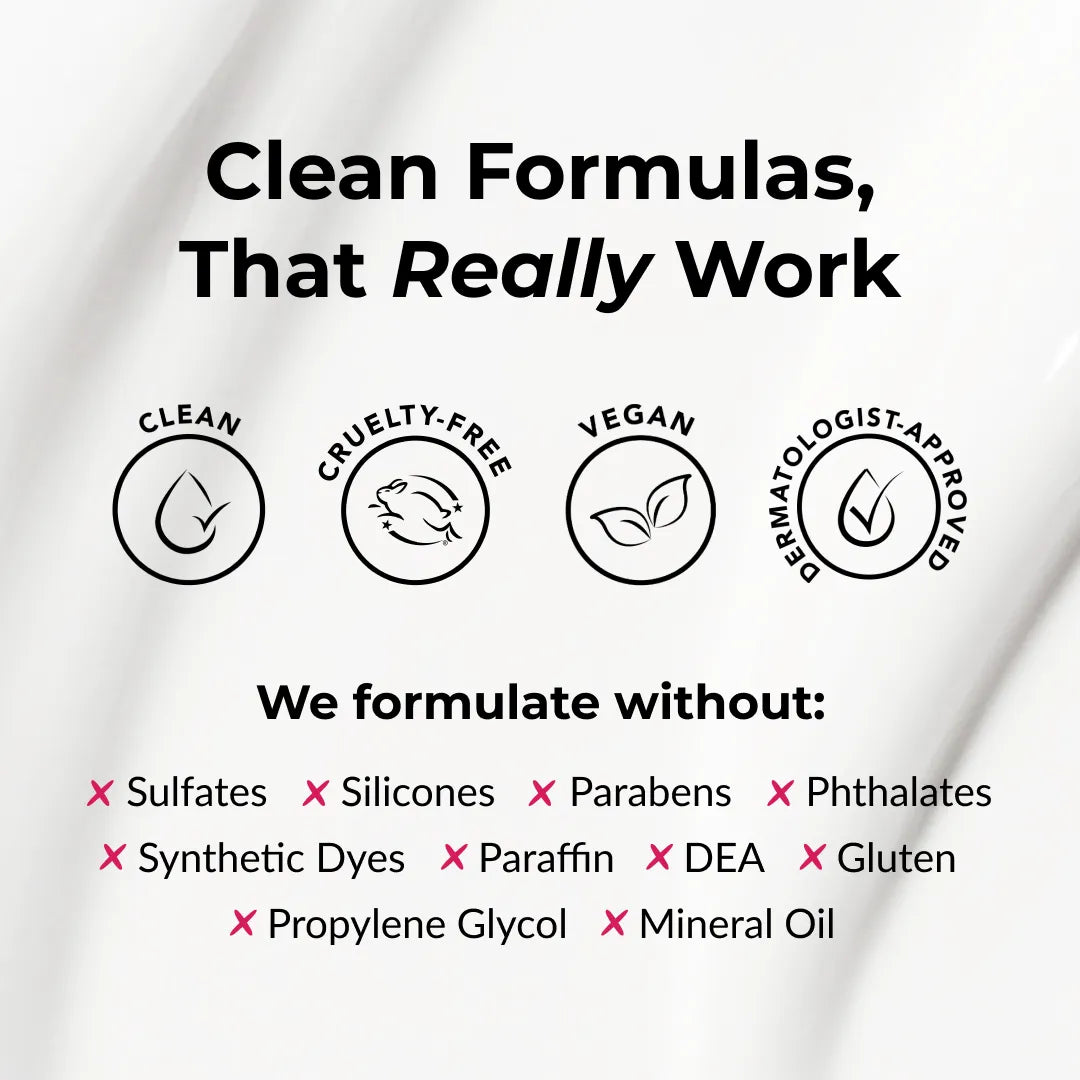 Product packaging with certification icons and a list of ingredients to avoid on a white background.