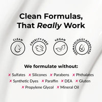 Product packaging with certification icons and a list of ingredients to avoid on a white background.