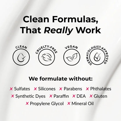 Product packaging with certification icons and a list of ingredients to avoid on a white background.