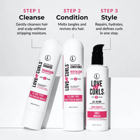 3 steps of using curly styler in 3 step system with shampoo and conditioner with the styler as curly