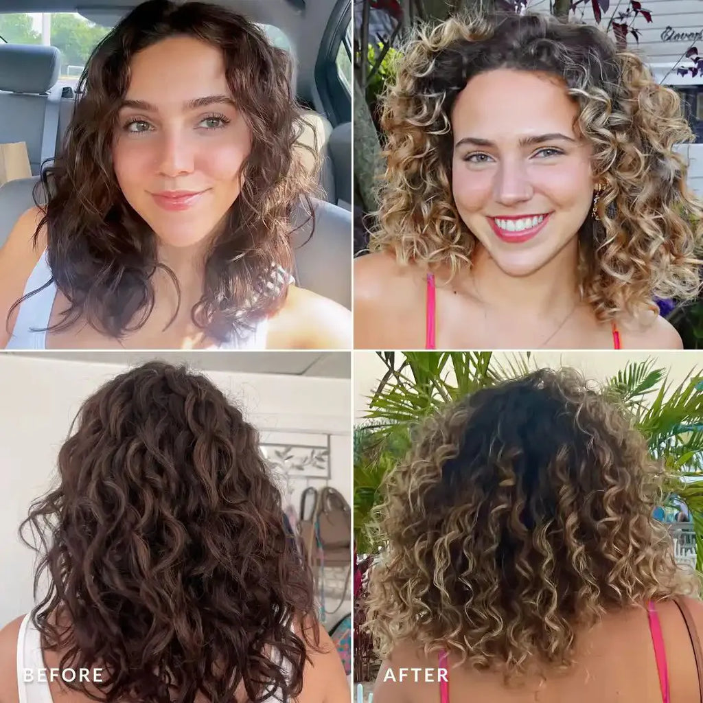 Before and after comparison of a woman's hair transformation with curly hair.