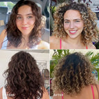 Before and after comparison of a woman's hair transformation with curly hair.