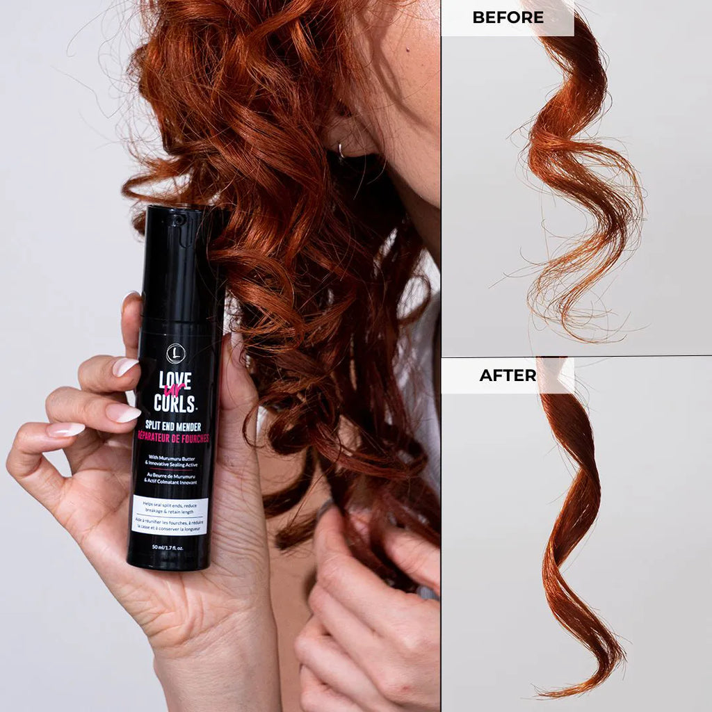 Person holding a bottle of 'Love Ur Curls' product with before and after hair images.
