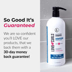 Shampoo bottle with promotional text on a white background