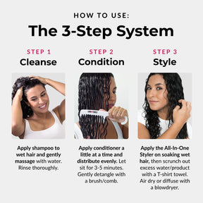 how to use 3 steps of the 3SS 3 step system cleanse shampoo conditioner and the styler which is wavy
