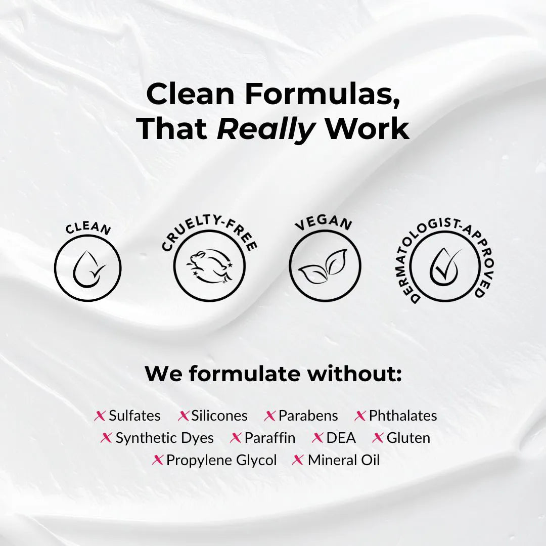 Product packaging with certification icons and a list of ingredients to avoid on a white background.