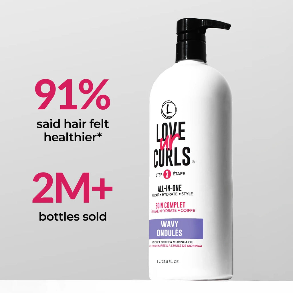 Bottle of Love Ur Curls hair care product with text on a gray background