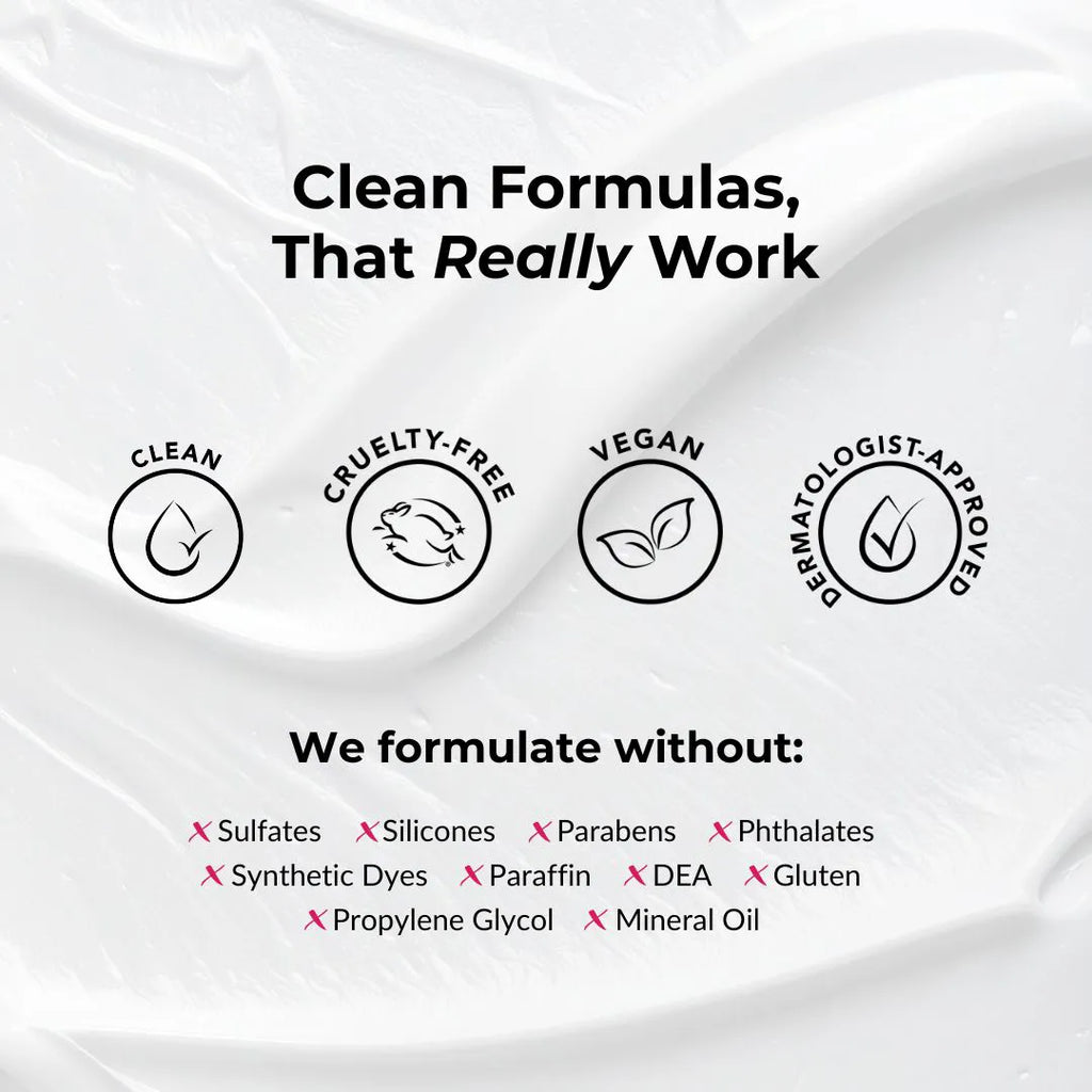 Product packaging with certification icons and a list of ingredients to avoid on a white background.