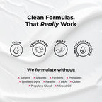Product packaging with certification icons and a list of ingredients to avoid on a white background.