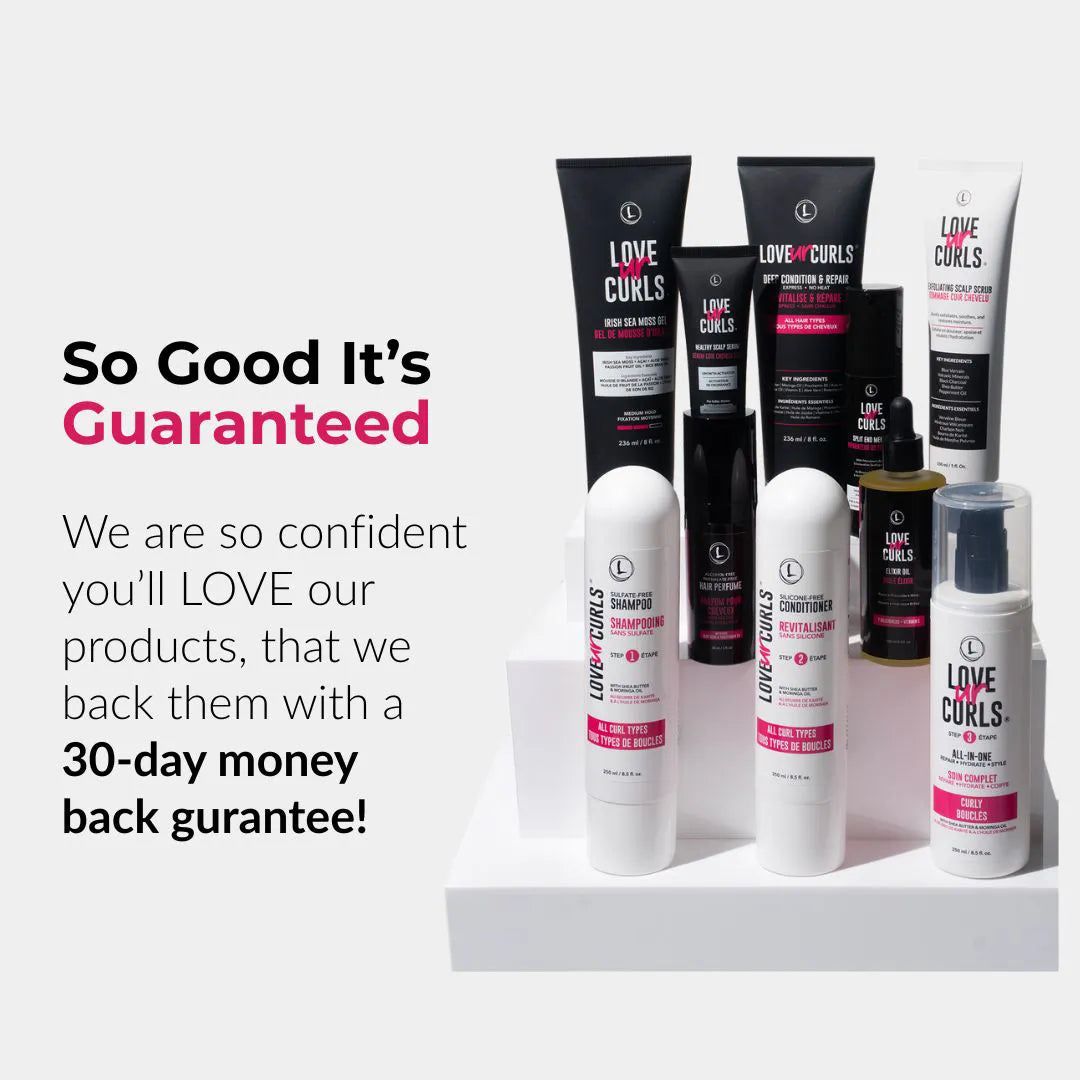 Collection of Love UR Curls hair care products on a white background with promotional text.