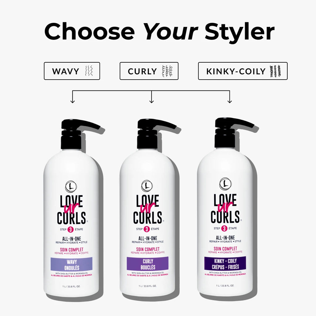 Three bottles of 'Love Ur Curls' hair care products with labels for wavy, curly, and kinky-coily hair types on a white background.