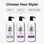 Three bottles of 'Love ur Curls' hair care products with labels for wavy, curly, and kinky-coily hair types on a white background.