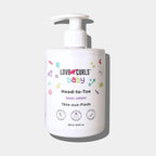 A white pump bottle labeled 'LOVE CURLS baby Head-to-Toe' with colorful graphic elements and text indicating it is a baby wash product.