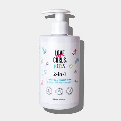 A pump bottle of Love Curls Kids 2-in-1 shampoo and conditioner designed for children's hair care.
