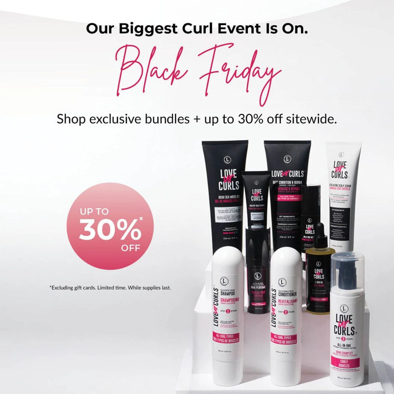 Love Ur Curls hair care products with Black Friday promotion text on a white background