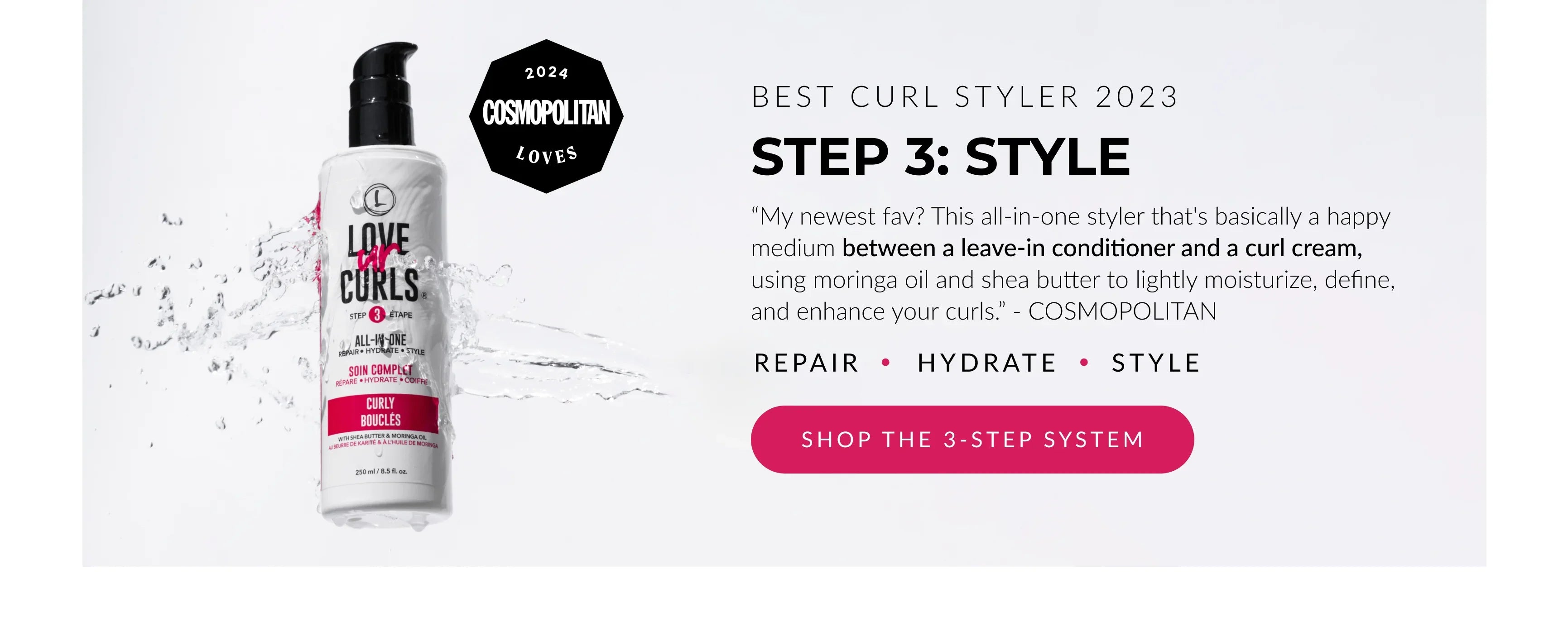 Best Curl Styler featured Love Ur Curls for a hair care brand with a bottle of product image on a white background with a shop the 3-step system button