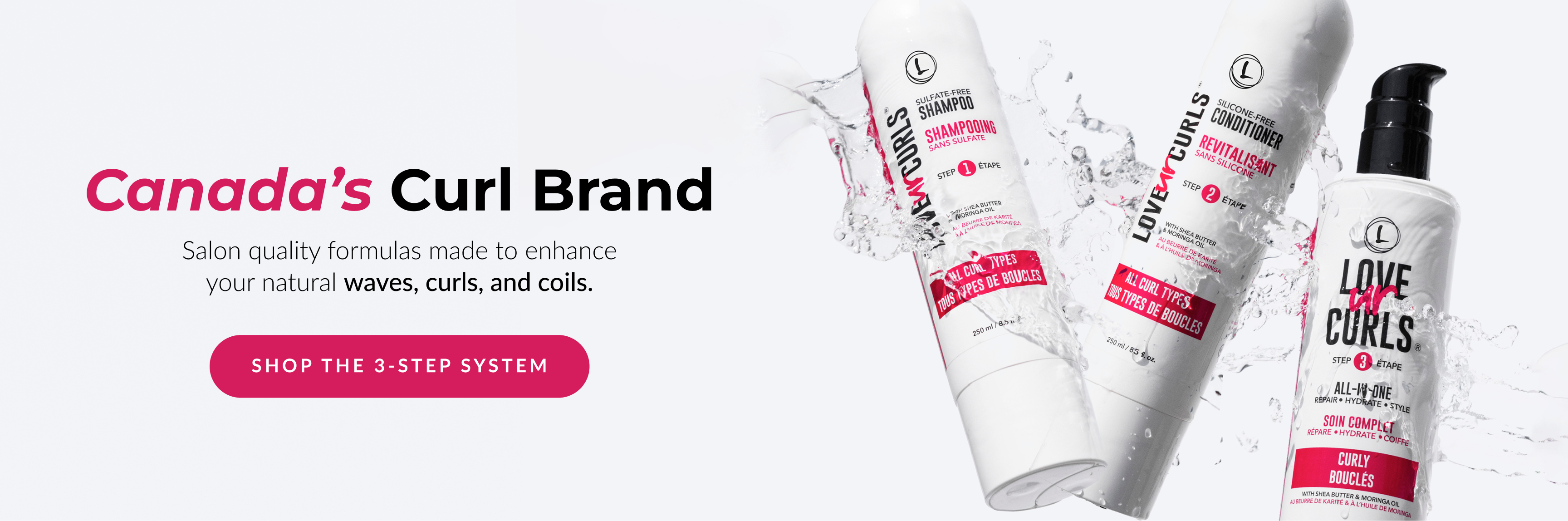 Love Ur Curls hair care 3 step system products with promotional text on a white background